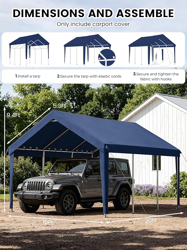 10 x 20 Ft Carport Replacement Cover, Heavy Duty Outdoor Car Tarp Canopy, Waterproof & UV Protected Tear Oxford Tarp with Ball Bungees (Frame is Not Included)