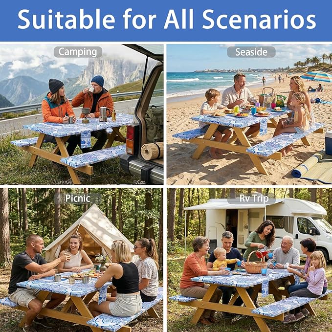 Fitted Waterproof Picnic Table Cover with Bench Covers Heavy Duty Elastic Outdoor Camping Tablecloth for 8 Foot Rectangle Tables Summer Rv Accessories Patio Garden Road Trip Essentials Gifts