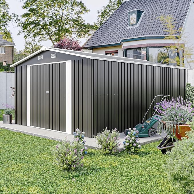 YOPTO 10x14 FT Outdoor Storage Shed, Extra Large Metal Garden Shed with Waterproof Roof, 4 Vents and 3 Lockable Doors,All-Weather Tool Shed Storage House for Backyard, Patio, Lawn,Dark Grey