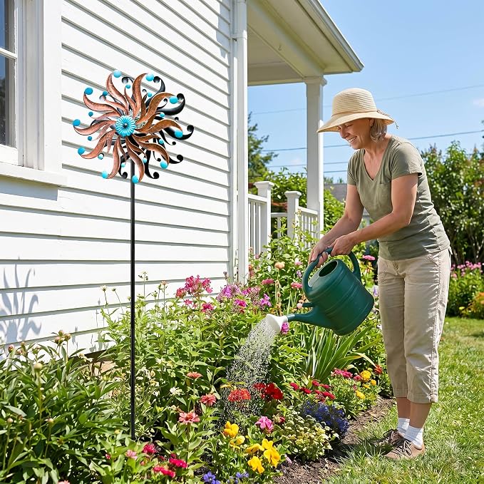 Solar Wind Spinner - Rustic Copper & Turquoise Kinetic Yard Art with Glass Globe - Vintage Metal Sunburst Wind Catcher Outdoor Garden Decor for Lawn, Patio, and Front Porch