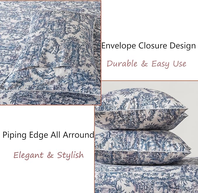 FADFAY Blue Toile Sheets Set Twin French Country Vintage Farmhouse Bedding Exotic Scenic Chinoiserie Floral Bedding 100% Egyptian Cotton Soft Breathable Sheet Set with Deep Pocket Fitted Sheet 4Pcs