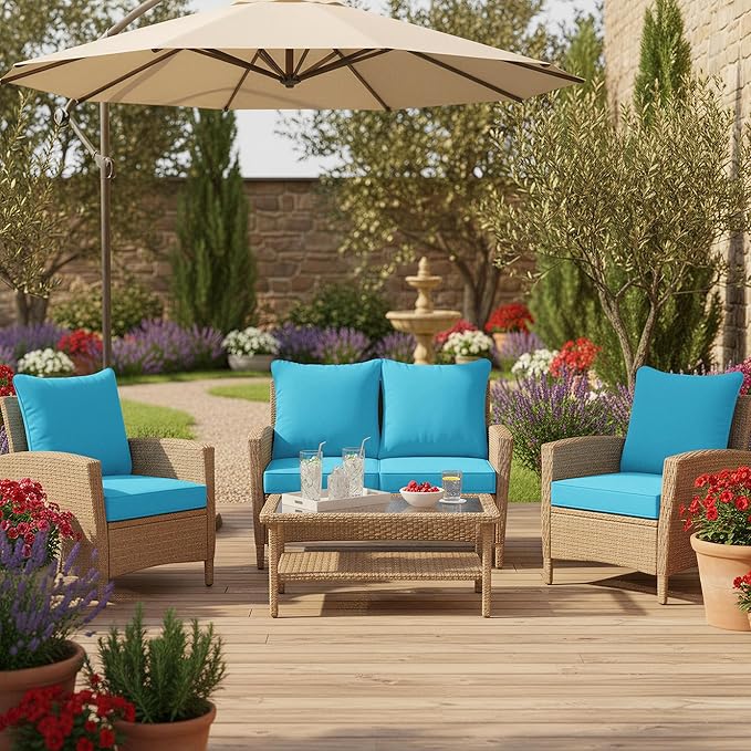 Summsun Outdoor Backrest and Deep Seat Cushion Set, Waterproof Fade Resistant Patio Chair Furniture Cushion with Removable Cover, 22 x 22 Inch, Teal, Set of 4