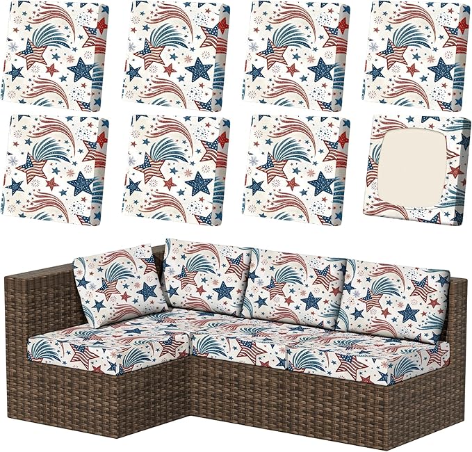 8Pcs Patio Stretch Cushion Covers, Outdoor Couch & Sofa Replacement Slipcovers for Patio Furniture Cushion Covers, Washable Reusable Furniture Protector, Square Large, Retro Stars