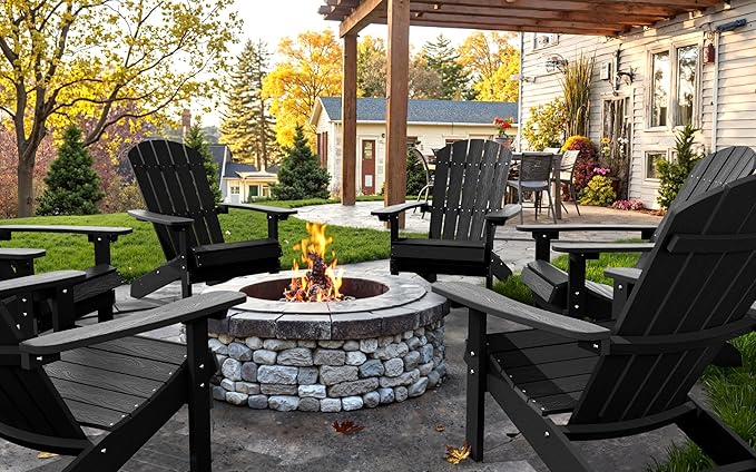 YEFU Adirondack Chairs Set of 2: Outdoor Chair HIPS Plastic Adirondack Chairs - Patio Chairs with Wood Texture - Lawn Fire Pit Deck Porch Garden Chairs for Adults (Black)