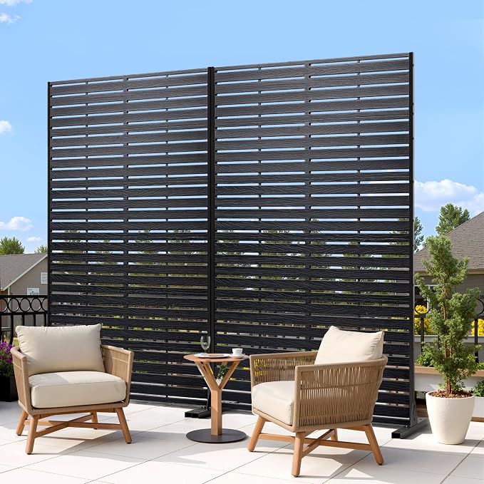 Outdoor Privacy Screen 72" H HDPE Decorative Panel Freestanding Privacy Fence with Stand, Privacy Screens with Louvered 6 Panels, Weather-Resistant Panel Fence for Patio, Balcony, Pool,Black