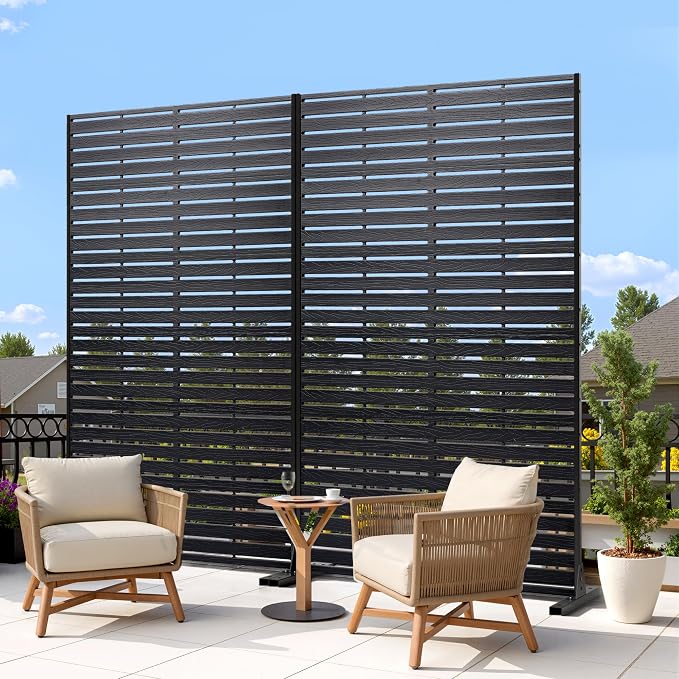Outdoor Privacy Screen 72" H HDPE Decorative Panel Freestanding Privacy Fence with Stand, Privacy Screens with Louvered 6 Panels, Weather-Resistant Panel Fence for Patio, Balcony, Balcony