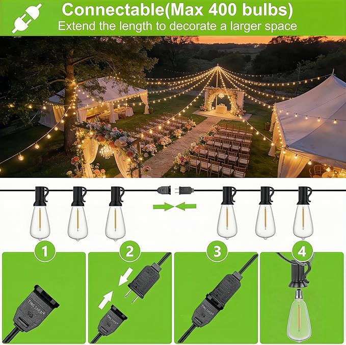 25FT Outdoor String Lights, Waterproof Patio Lights with Shatterproof ST38 Vintage Edison Bulbs, Connectable Outside Hanging Lights for Backyard, Porch, Deck, Balcony, Garden, 2500K Dimmable