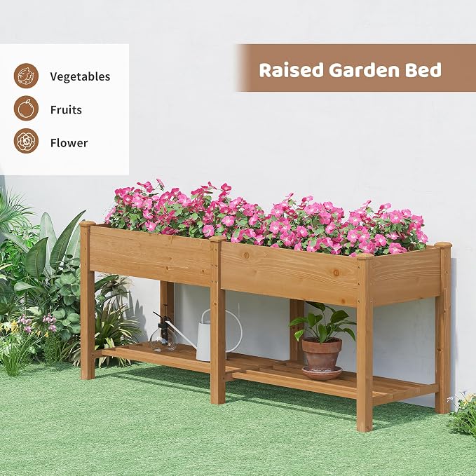 Raised Garden Bed with Legs Elevated Wooden Planter Box Stand Large Planter Stand Box for Fruits Vegetables Flowers with Divider with Bag- 72 * 24 * 30.5IN（Brown）