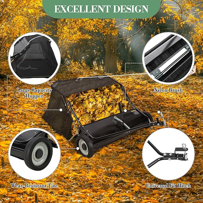 Garvee 42 in Lawn Sweeper Tow Behind, 24 cu.ft. Large Pull Behind- Grass Sweeper, Heavy Duty Leaf & Grass Collector with Dumping Rope Design, Adjustable Sweeping Height for Picking Up Debris