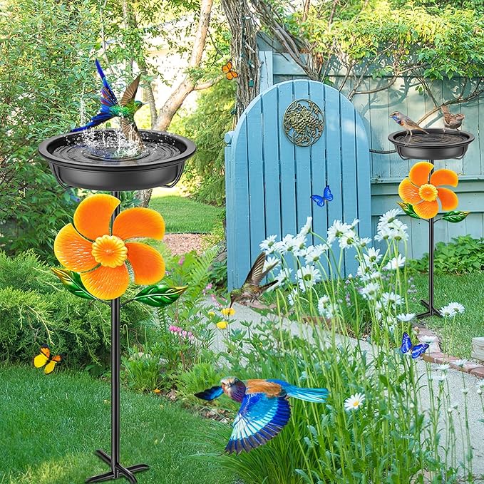Metal Bird Bath for Outside Feeder Bowl, Detachable Birdbath & Birdfeeder with Base Stake, Vintage Birds Baths for Outdoors Garden Yard Lawn Decor (Black+Windmill)