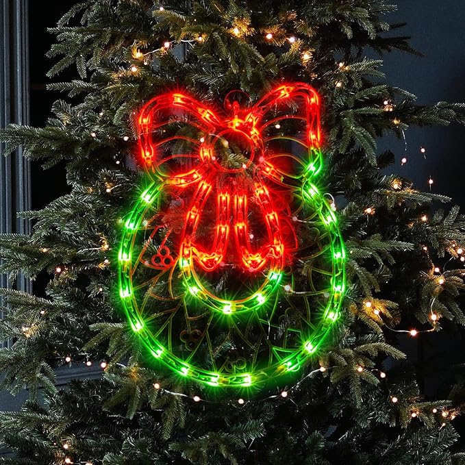 Christmas Window Silhouette Lights, Lighted Wreath Double Sided Decorations with 50 Count Incandescent Mini Light, for Holiday Indoor Wall Door Glass Decor
