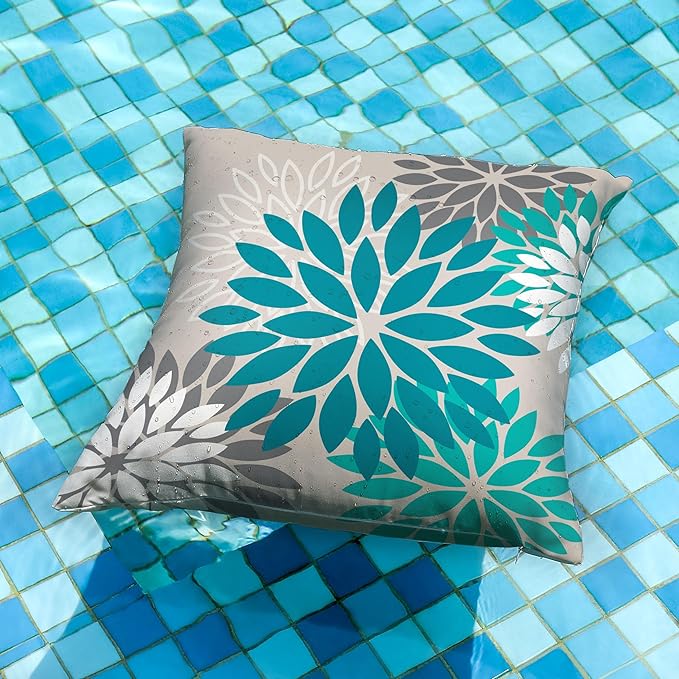 DFXSZ Dark Blue Green Outdoor Pillow Covers 18X18 Inch Set of 2 Spring Teal Flower Pillow Case Outdoor Waterproof Decor for Patio Funiture Garden Polyester Pillow Covers 002D18