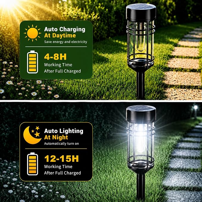 Amzarp 8 Pack Solar Garden Lights, Bright LED Solar Pathway Lights Outdoor IP65 Waterproof Rugged Shatterproof Auto On/Off for Landscape Garden Yard Walkway Driveway Lawn Lighting (6500K White Light)
