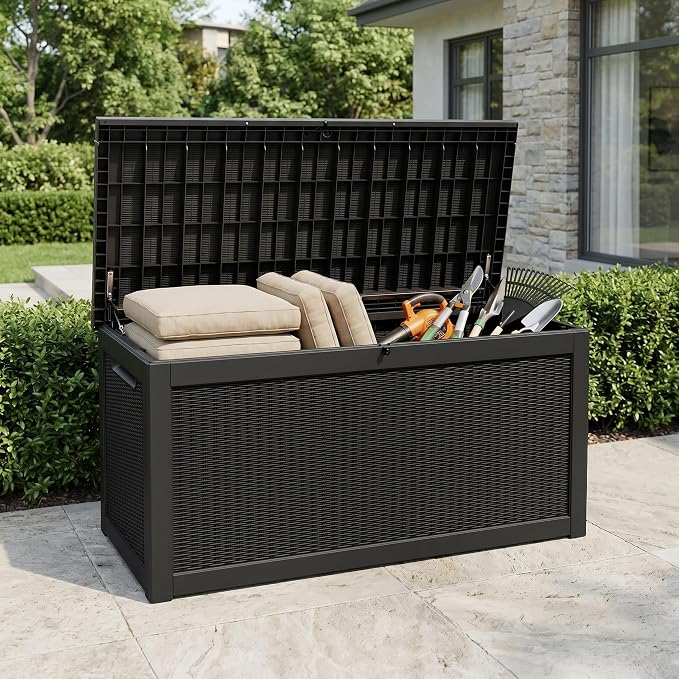 260 Gallon Deck Box, Waterproof Resin Outdoor Storage Box Lockable for Patio Furniture, Fade Resistant Patio Side Table & Organizer for Garden Tools, Pool Floats, Outdoor Cushions, Black