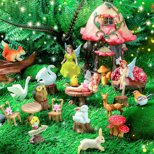 Soaoo Fairy House Garden Figurines Kit Summer Garden Decor Elves Decoration Outdoor Ornaments Animals Butterfly Fairy Mushroom Party Supplies DIY Micro Landscape Dollhouse
