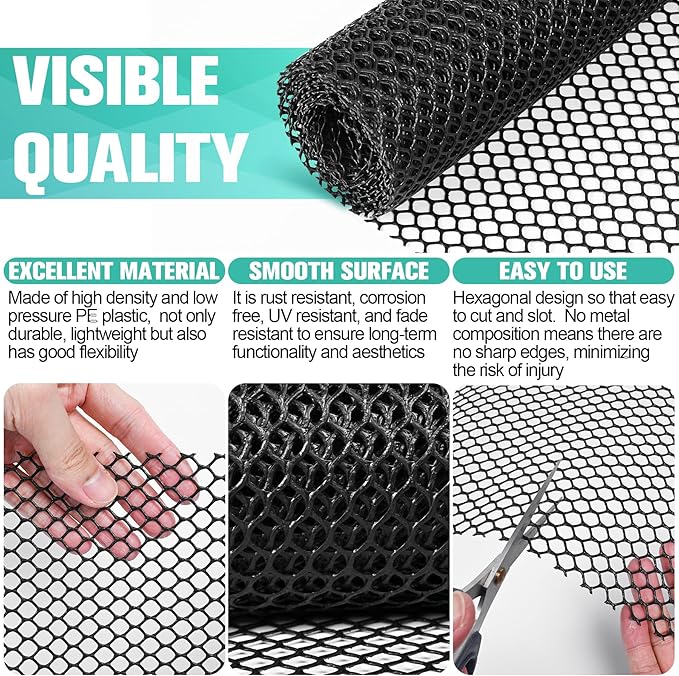 Plastic Mesh Fence Sheet 15.7IN x 33FT - 0.3IN Opening Plastic Chicken Wire Netting Roll Durable for Dogs, Poultry, Puppy, Garden Snake Barrier with 50 Pcs Zip Ties - Black