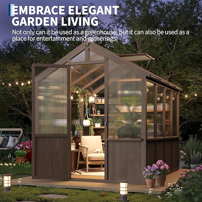 6x8 FT Greenhouse - Large Wooden Greenhouses for Outdoors, Heavy Duty Spruce Frame Greenhouse with PC Panels, Adjustable Roof Vents & Lockable Door, Walk-in Green Houses for Garden, Backyard, Patio