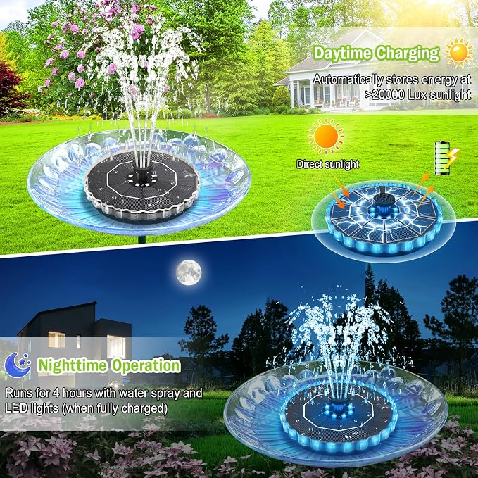 Solar Fountain, 2026 Upgrade 3.5W Solar Bird Bath Fountains with Colorful Ring LED Lights, 2000mAh Battery, 7 Nozzles and 4 Fixers, Solar Water Fountain Pump for Pond, Pool, Patio and Garden