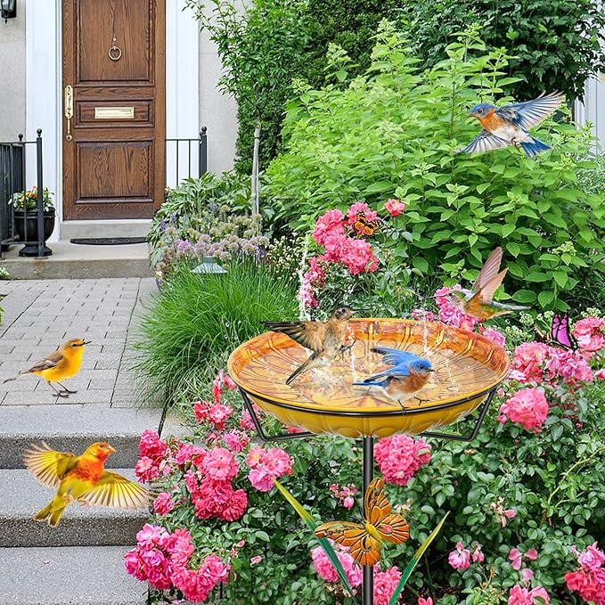 35In Metal Bird Bath for Outdoors, Easy to Clean Birdbaths with Removable Bowl Stable Upgrades Stake, Freestanding Bird Baths Feeder Bowl for Outdoors Garden Patio Yard Lawn Decor (Yellow)