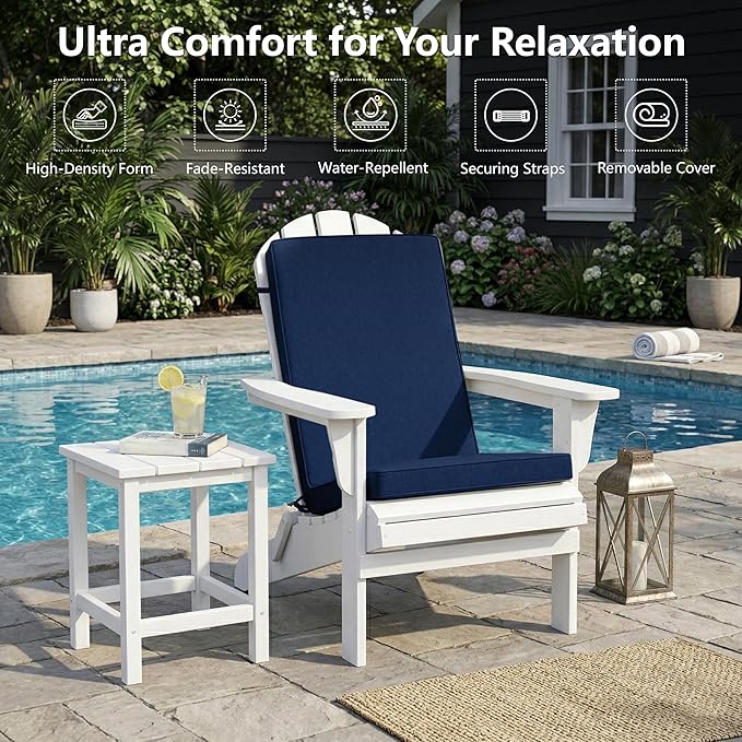 Adirondack Chair Cushion - Removable Cover, Water-Repellent & Fade-Resistant Faux Linen, Securing Straps, Non-Slip Bottom, Fit for Most Outdoor Adirondack & Rocking Chairs - Navy