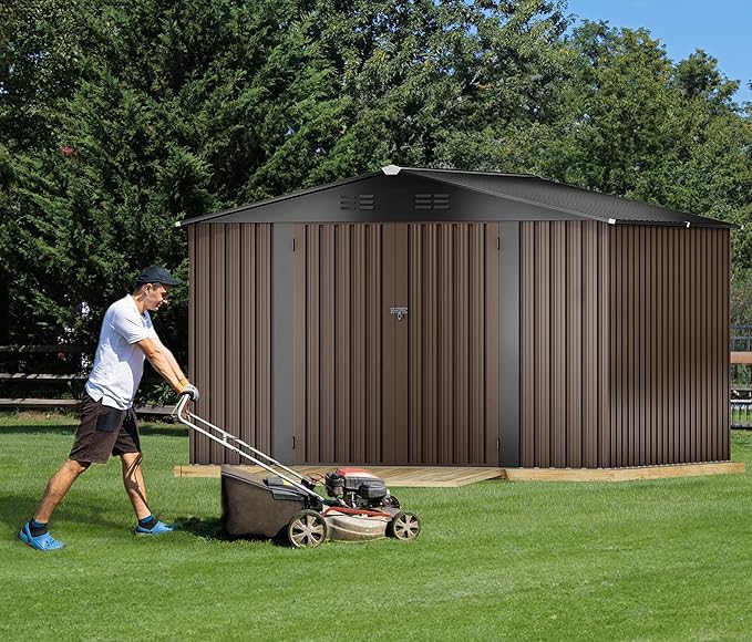 DWVO 10x8 FT Outdoor Storage Shed - Spacious Garden Tool Shed with Lockable Door - Durable Metal Yard Shed for Garden, Patio, and Backyard (Brown)