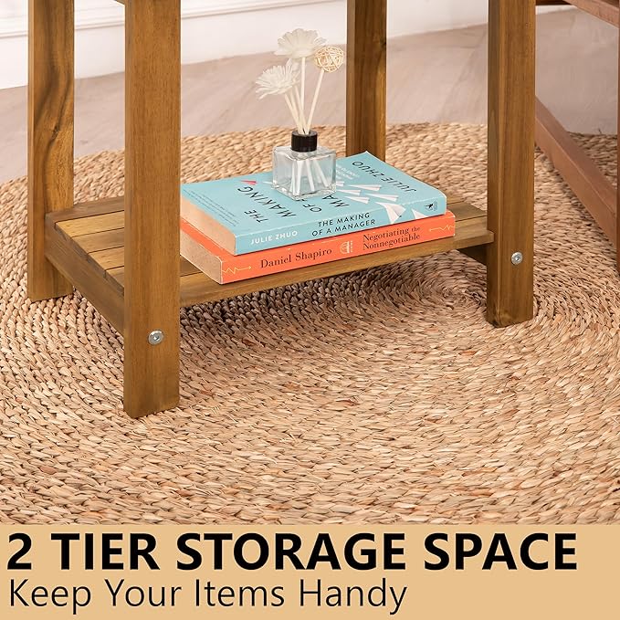 VICTORY RELAX Solid Acacia Wood Side Table with 2-Tier Storage, Weather-Resistant Outdoor Indoor End Table, Natural Rustic Color Night Stand