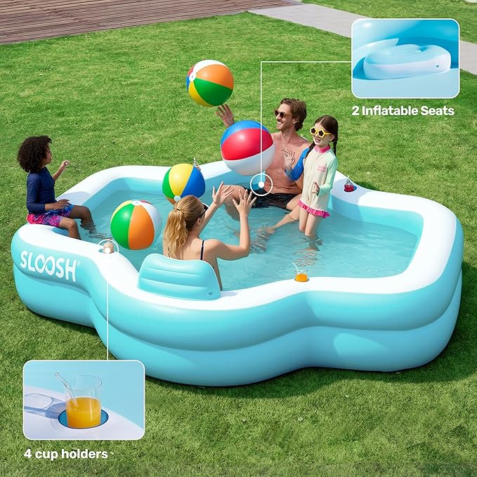 SLOOSH Inflatable Pool for Family with Seats, 120" x 101" x 26" Full-Sized Blow Up Durable Thickened Above Ground Pool with Backrest Cup Holders,Swimming Pools for Backyard Summer Water Lawn, Cyan