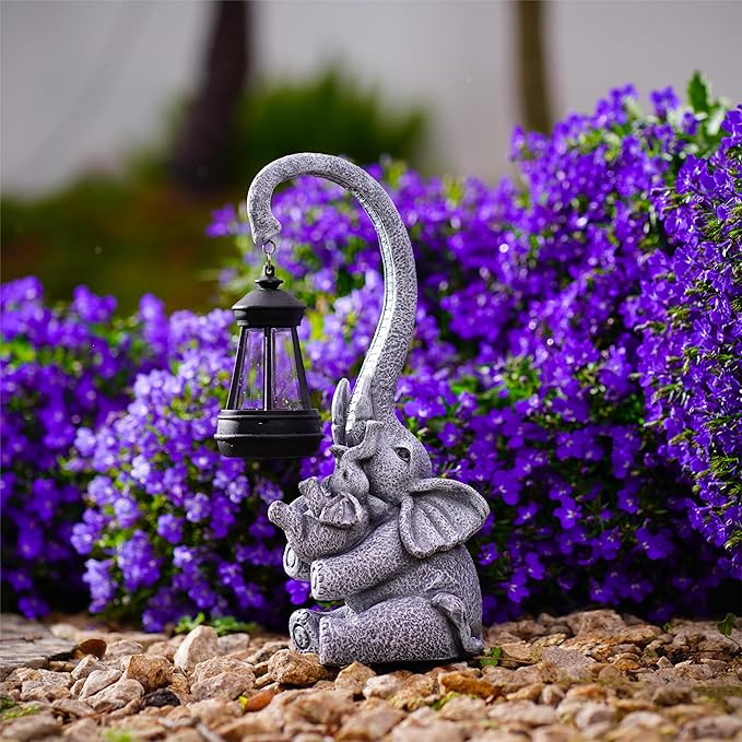 Pohabery Elephant Outdoor Statues with Cute Baby Garden Decor, Resin Elephant Figurines with Solar Lantern Outdoor Decoration Gifts for Mothers Day, Birthday Day