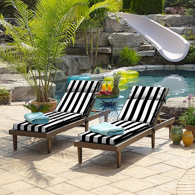 Arden Outdoor Chaise Lounge Cushion, 22 x 77, Rain-Proof, Fade Resistant Black Cabana Stripe