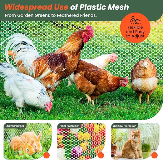 Toolterritary 16IN x 50FT Plastic Chicken Wire Mesh, Chicken Wire for Floral Arrangements, Chicken Wire Mesh for Crafts with 100 Pcs Zip Ties, Mesh Fence for Dogs, Deers, Poultry