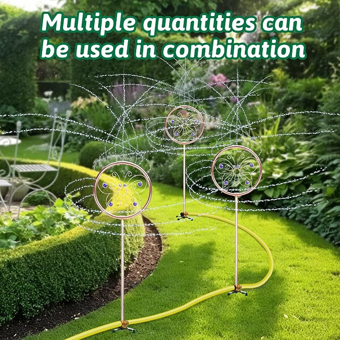34" Tall Copper-Coated Stainless Steel Garden Sprinkler, 360° Rotating Decorative Ornamental Sprinkler for Lawn, Yard & Landscape Watering (Butterfly)