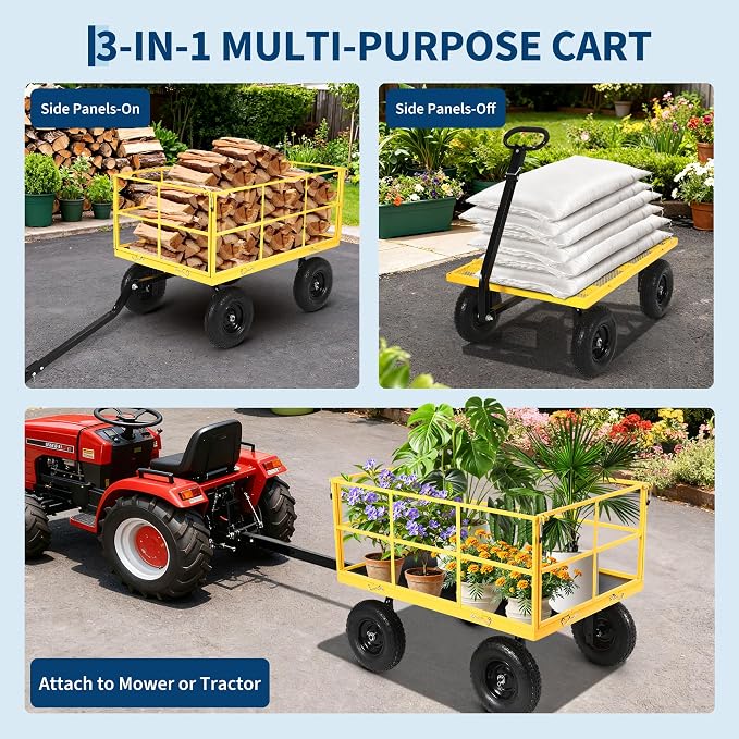 Heavy Duty 1500 Lbs Steel Garden Cart – 3-in-1 Utility Wagon & Trailer with Removable Mesh Sides, 13" All-Terrain Tires, 180° Rotating Handle for Lawn, Yard, Gardening Tasks, Outdoor Hauling