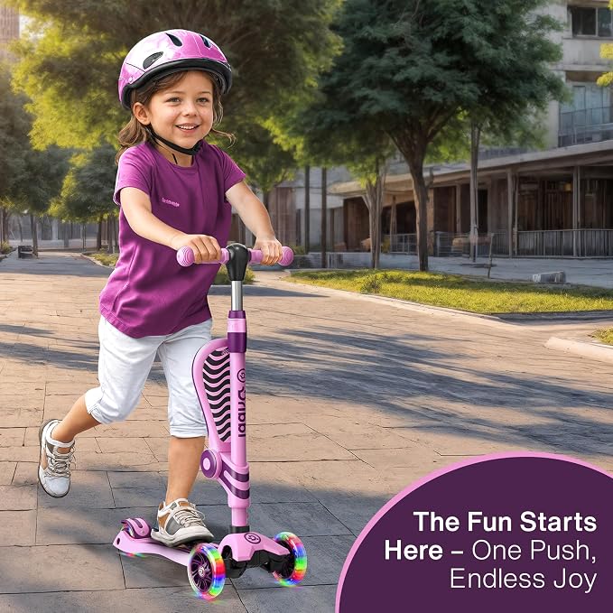 Pink and Purple 3 Wheel Scooter with Seat for Kids, Light-Up Wheels, Adjustable Lean to Steer Handlebar and Seat, Smooth Wheels, Wide No-Slip Deck, Rear Foot Brake, Toddler Outdoor Toys for Ages 2+
