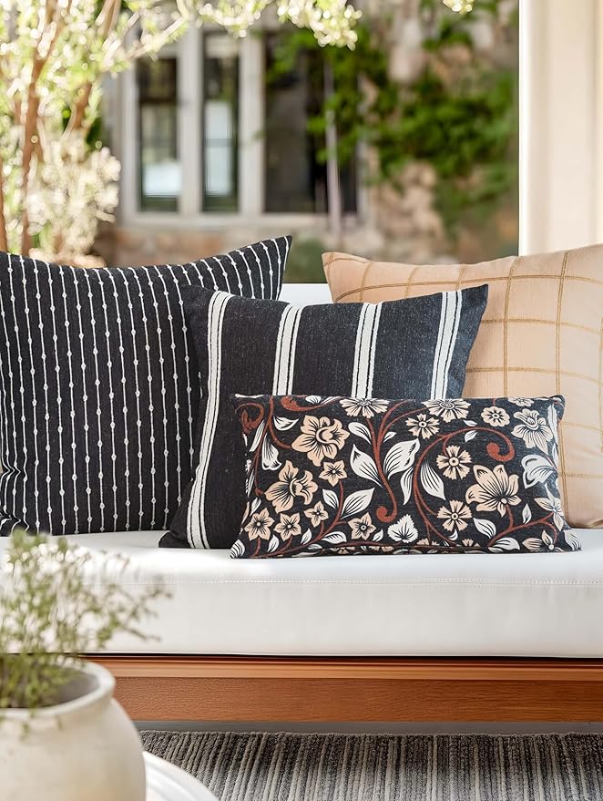 Crumbs Home Modern Farmhouse Fall Linen Indoor Outdoor Lumbar Pillow Cover Only, 12"x20" Water Repellent for Patio, Backyard, Couch, Black Ivory Cream Floral
