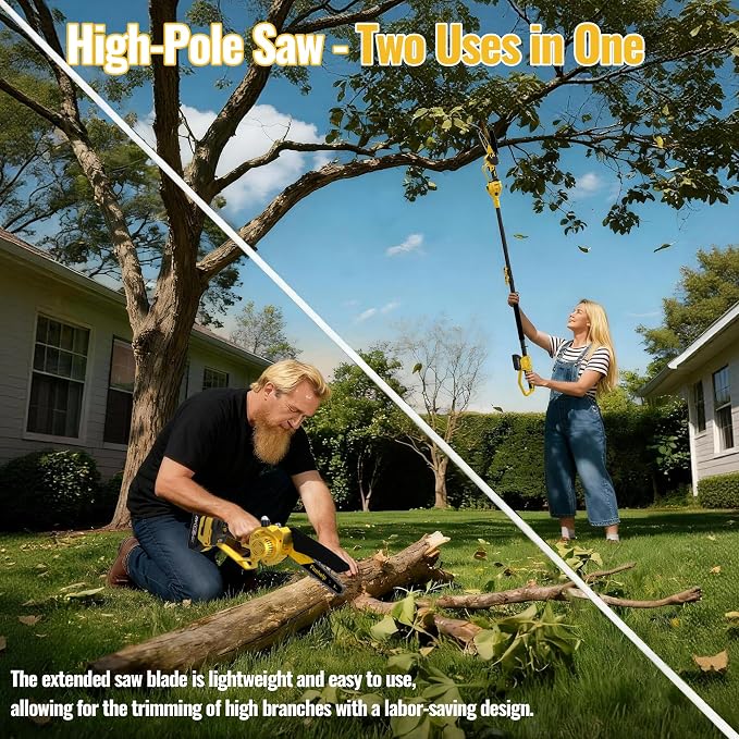 2-in-1 Electric Pole Saw, 6 Inch Mini Chainsaw Cordless Pole Saw with Extension Pole for Tree Trimming, 2 x 2000mAh Battery, Powered Pole Chain Saw, Tree Trimmer Limb Branch Cutter Pruner