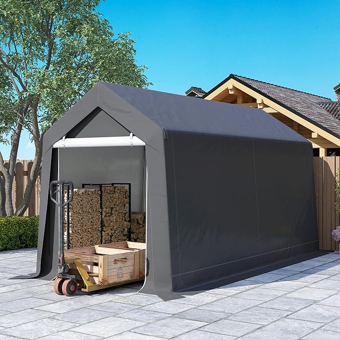 Outsunny 7' x 12' Portable Storage Shed Shelter, Heavy Duty Outdoor Shed, Waterproof Garden Storage Tent with Ventilation Window and Roll-up Zipper Door for Bike, Motorcycle, Garden Tools, Gray