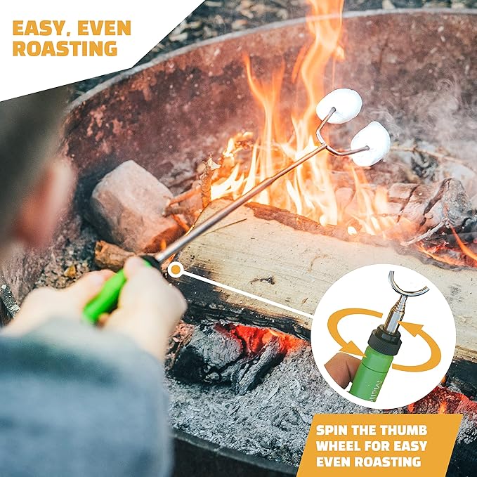 MalloMe Smores Sticks for Fire Pit-Rotating 34 inch Marshmallow Roasting Sticks Smores Kit Outdoor -Accessories for Campfire- Smore Skewers Hot Dog Fork, Camping Essentials Bonfire Gear Long (10 Pack)