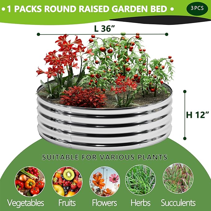 DIIYIV 3PCS 3x3x1FT Galvanized Raised Garden Bed Kit,Vegetable Boxes-Round Metal Flower Box,Large Planter Raised Beds Outdoor Garden for Planting,Fruit,Herb-Silver