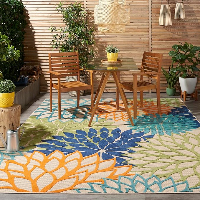Nourison Home Aloha Indoor/Outdoor Multicolor 7'10" x 10'6" Area Rug, Tropical, Botanical, Easy Clean, Non Shedding, Bed Room, Living Room, Dining Room, Deck, Backyard, Patio (8x10)