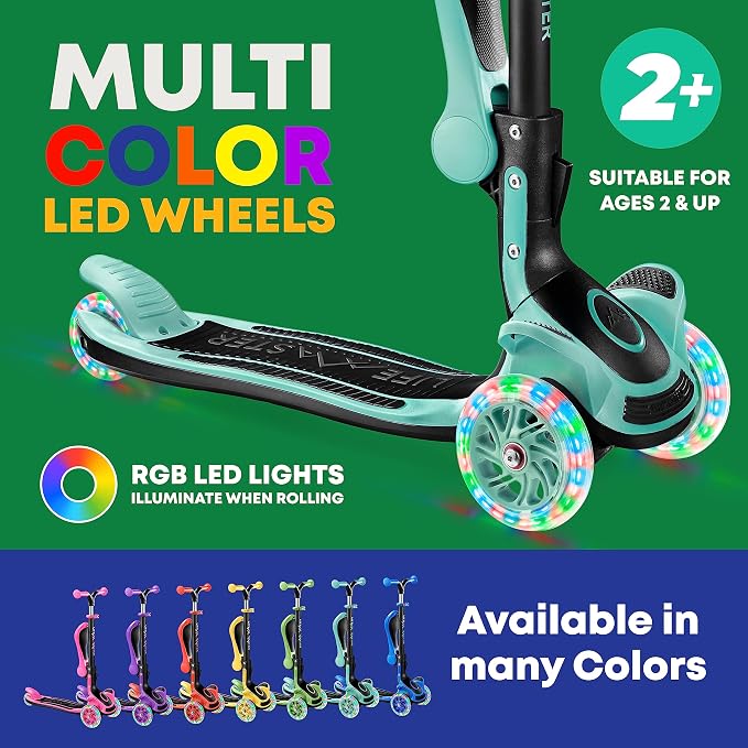 3 Wheel Scooter for Kids with Foldable Seat, Adjustable Handlebar Height, Lean-to-Steer Ride On Toy for Kids Ages 2+, Light-Up LED Wheels, Wide Anti Slip Deck, Indoor & Outdoor Use