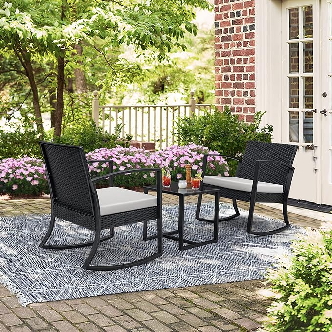 Greesum 3 Pieces Outdoor Furniture Set Patio Bistro Rocking Chairs with Glass Coffee Table for Pool Beach Backyard Balcony Porch Deck Garden, Bright White