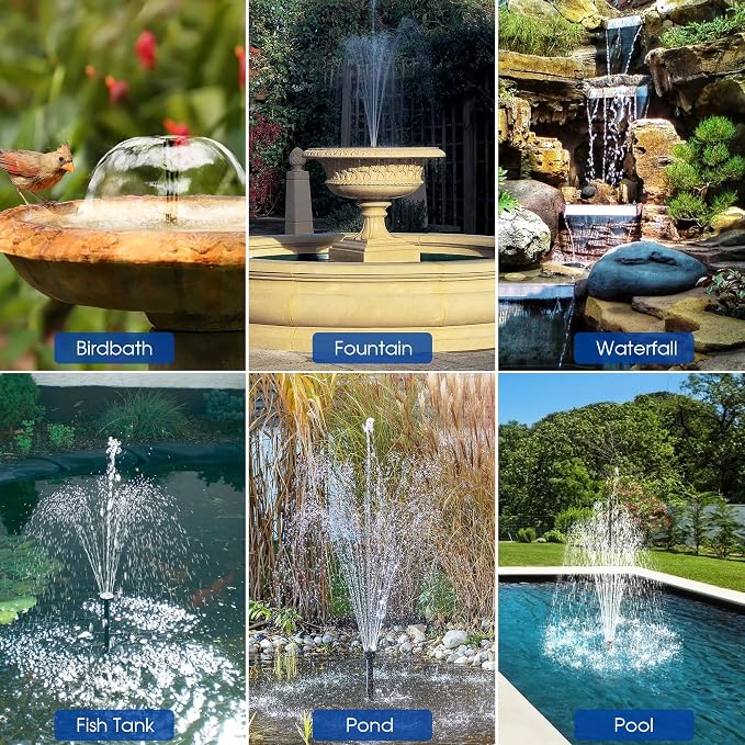 Biling Solar Fountain Pump 20W, 320GPH Submersible Solar Pond Pump with Filtration and Dry Run Protection, 7.5ft Lift, PVC Tubing and Nozzles for DIY Pond Fountain, Waterfall, Outdoor Water Features
