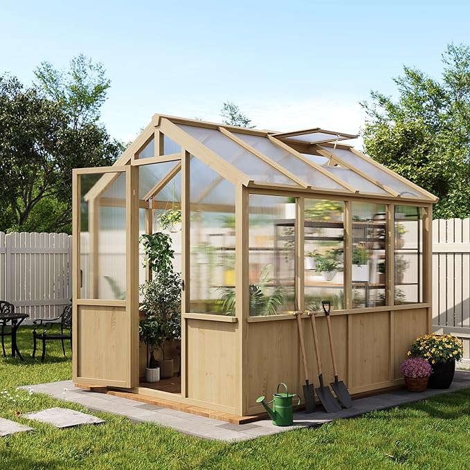6x8 FT Greenhouse - Large Wooden Greenhouses for Outdoors, Heavy Duty Spruce Frame Greenhouse with PC Panels, Adjustable Roof Vents & Lockable Door, Walk-in Green Houses for Garden, Backyard, Patio
