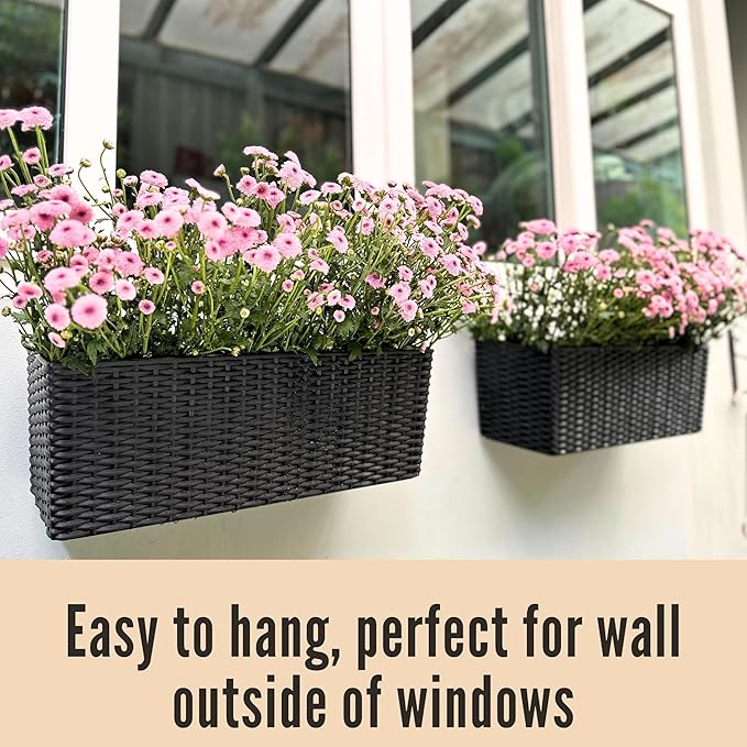 LaLaGreen Bundle- 2 Pack, 20 Inch Black Self Watering Planter + 6 Pack, 9.8 Inch Black Metal Pot Wall Mount Hanging Flower Herb Boxes Window Rail Fence Modern Balcony Countryside Style Garden Decor