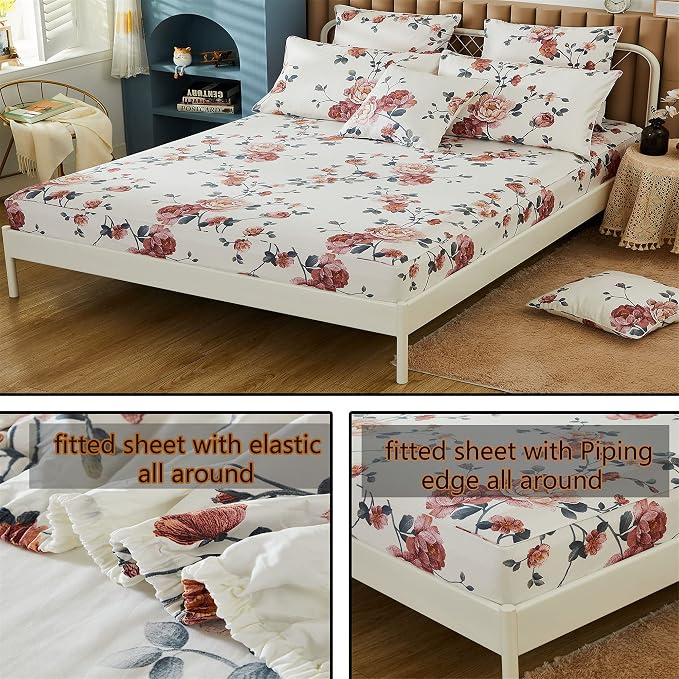 FADFAY Sheets Set Twin XL Shabby Beige Floral Bedding Elegant Peony Sheets Set Vintage Flower Bedding Collections 800 Thread Count 100% Egyptian Cotton Deep Pocket Fitted Sheet, 4Pcs-Twin XL Size