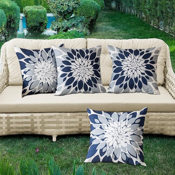 Qahing Pack of 4 Outdoor Waterproof Pillow Covers 16x16 Decorative Outdoor Throw Pillows Garden Square Cushion Cases for Patio Furniture, Couch, Tent Sunbrella, Bench, Navy Blue Grey