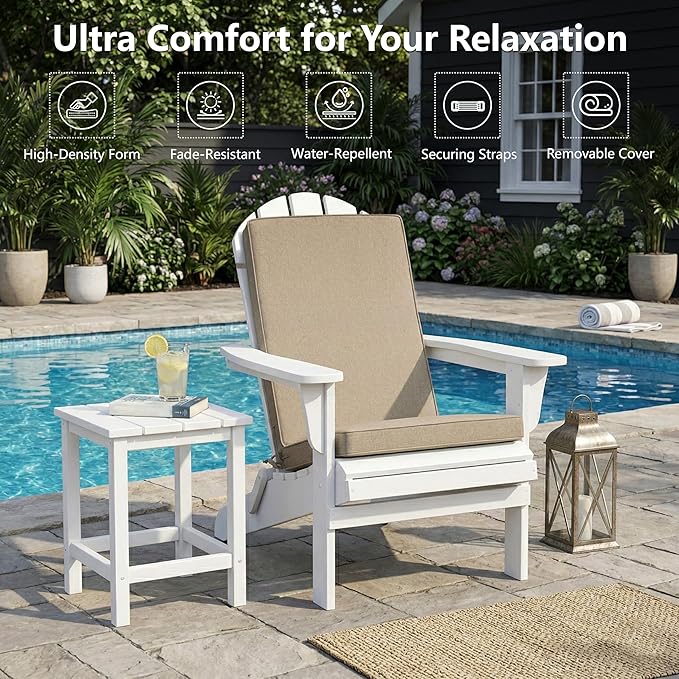 Adirondack Chair Cushion - Removable Cover, Water-Repellent & Fade-Resistant Faux Linen, Securing Straps, Non-Slip Bottom, Fit for Most Outdoor Adirondack & Rocking Chairs - Beige