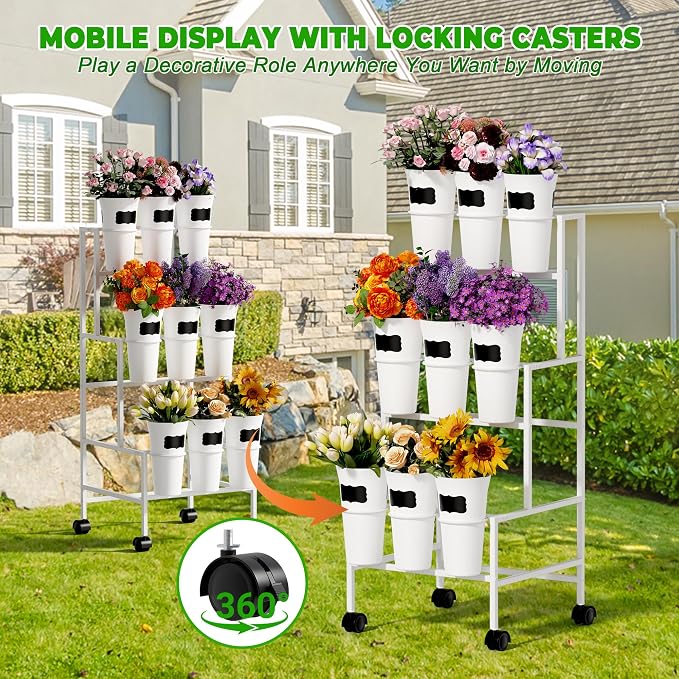 Flower Display Stand with 9 Buckets, 3 Tier Metal Flower Cart Display Stand with Wheels, Flower Bar Stand for Garden Flower Shop Indoor Outdoor Wedding Party Decor, White