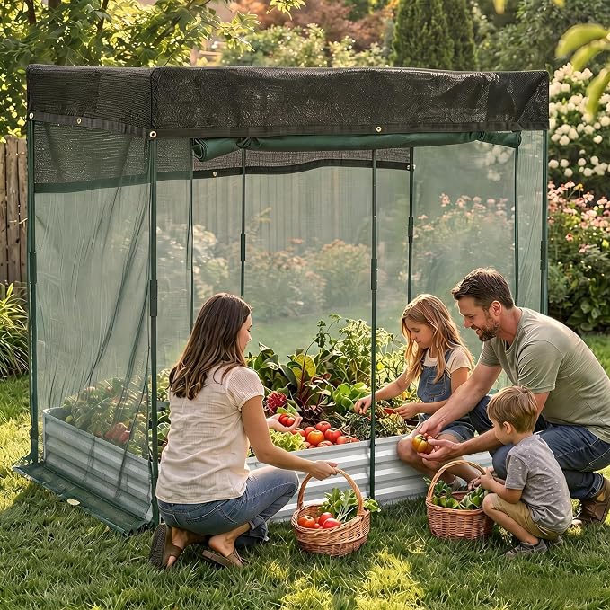 8x4x1Ft Galvanized Raised Garden Bed Kit w/Self Watering Irrigation & Mesh Cover, Metal Bottomless Raised Planter Box for Veggies Herbs Flowers, Rustproof Elevated Garden Bed Backyard Patio Farm