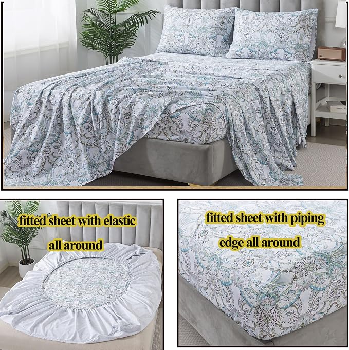 FADFAY Blue Paisley Sheets Set Queen Classic Boho Paisley Bedding Luxurious Bohemian Damask Paisley Bed Sheet Breathable 100% Egyptian Cotton 800 Thread Count Deep Pocket Fitted Sheet 4Pc, Queen Size